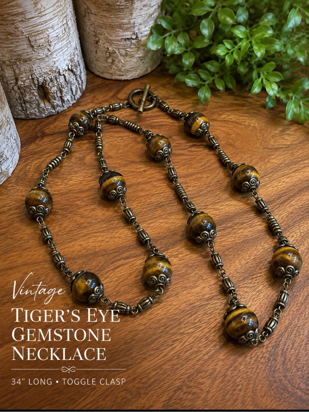 Vintage Tiger’s Eye Gemstone Long Necklace Antiqued Boho 34”
